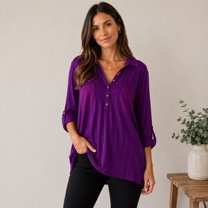 Chico’s NWT Woven Detail Knit Top Blouse Purple Classic Minimalist Career Sz XXL